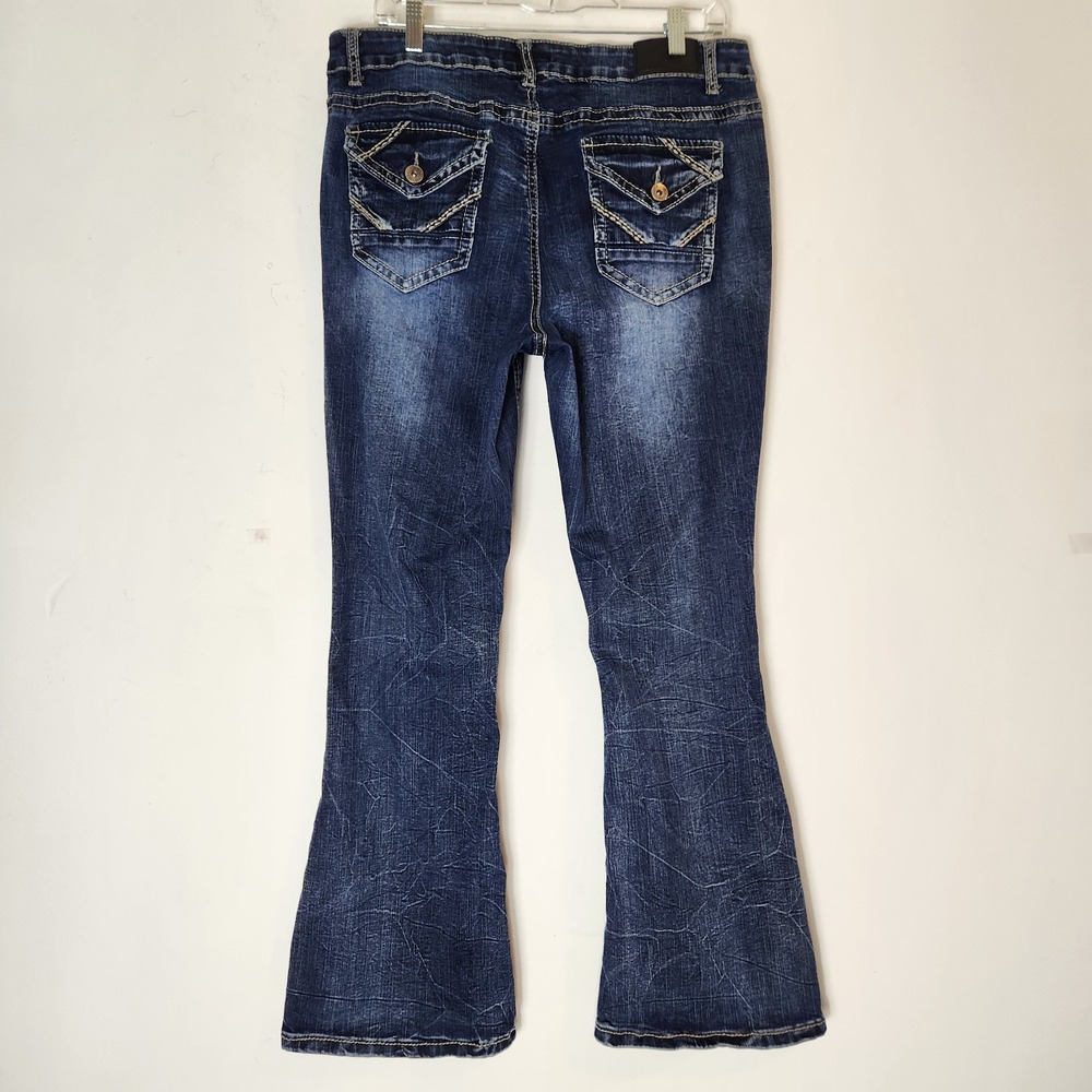 True Luck Jeans Sz 16 Bootcut Flare Y2K Western Cowgirl Dark Wash Thick Stitch